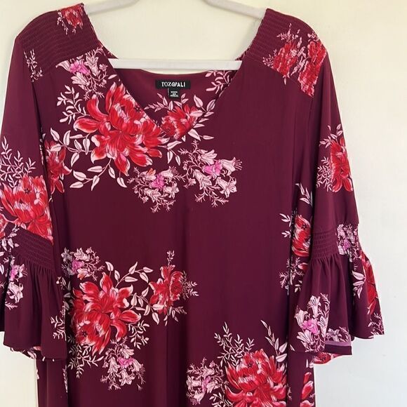 Women’s Plus size 2X gorgeous flutter sleeve maroon & pink floral dress NEW - Picture 4 of 15